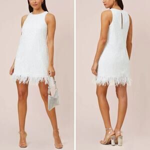 NWT AIDAN MATTOX DRESS 4 WHITE SEQUIN FEATHER FRINGE BRIDAL WEDDING BRIDE MINI